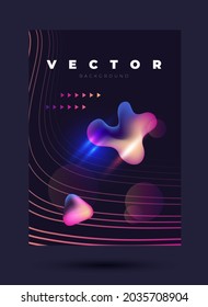 Minimalistic stylish vector illustration with multicolored drops and WAvy lines and shine on the black background