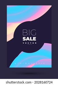 Minimalistic stylish vector template for flyer with easy multicolored bright geometry forms and lettering big sale on the black background