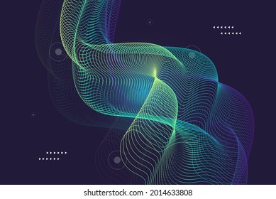 Minimalistic stylish vector template with wavy shape from thin green and blue lines on the black background
