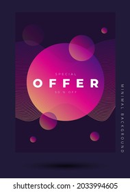 Minimalistic stylish vector template with WAvy lines and bright circles and lettering special offer on the black background