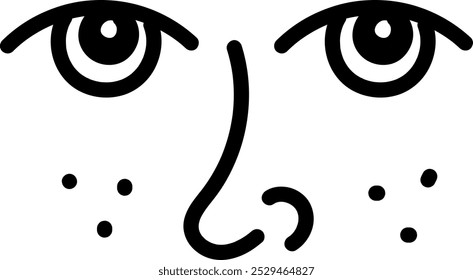 Minimalistic, stylized black-and-white drawing of a face with dot eyes, a curved nose, and dotted cheeks resembling freckles.