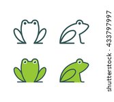 Minimalistic stylized cartoon frog logo. Line icon and colored version, front view and profile. Simple frog or toad vector illustration set.