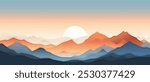 Minimalistic stylized landscape, mountain sunrise and sun, vector illustration, panoramic view