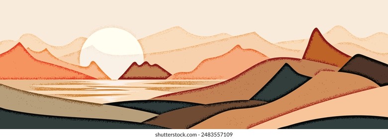 Minimalistic stylized landscape, mountain sunrise and sun, vector illustration, panoramic view
