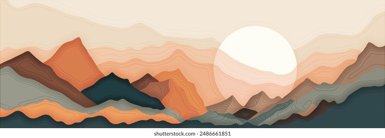 Minimalistic stylized landscape, mountain sunrise and sun, vector illustration, panoramic view