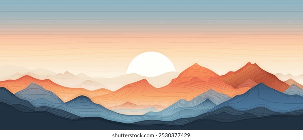 Minimalistic stylized landscape, mountain sunrise and sun, vector illustration, panoramic view