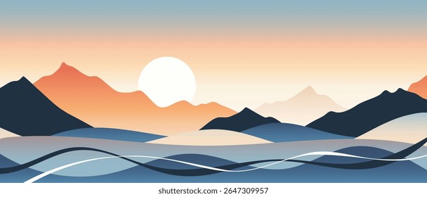 Minimalistic stylized landscape, mountain sunrise and sun, vector illustration, panoramic view