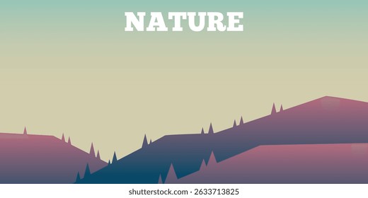 minimalistic stylized nature landscape with silhouettes of trees against the background of multi-level mountains in shades of purple and pink. The sky has a gradient from light green to light yellow.

