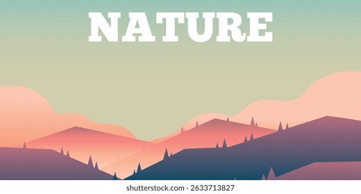 minimalistic stylized nature landscape with silhouettes of trees against the background of multi-level mountains in shades of purple and pink. The sky has a gradient from light green to light yellow.
