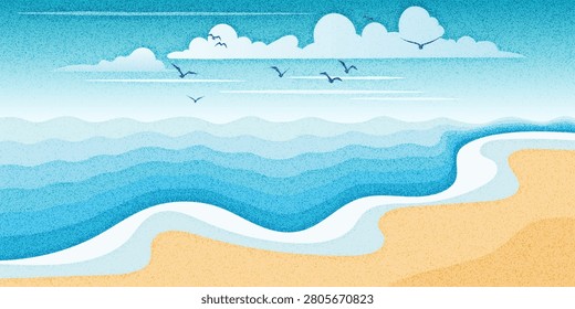 Minimalistic stylized seascape, seashore, sandy shore, noisy texture, vector cartoon