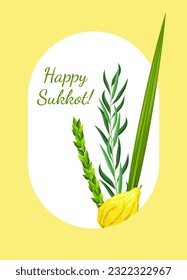 Minimalistic Sukkot greeting card template. Feast of Tabernacles or Festival of Ingathering. Traditional four species symbol for sukkot judaic celebration: etrog, lulav, hadas, arava. Botanical vector