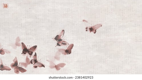 Minimalistic Sumie-inspired design featuring butterflies on vintage background. Elegant and versatile for various creative uses. Traditional Japanese ink wash painting sumi-e. Hieroglyph - double luck