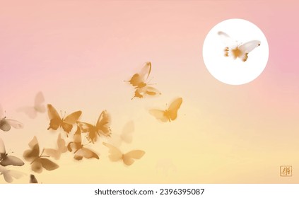 Minimalistic Sumie-inspired design featuring butterflies and sunset sky. Elegant and versatile for various creative uses. Traditional Japanese ink wash painting sumi-e. Hieroglyph - joy.