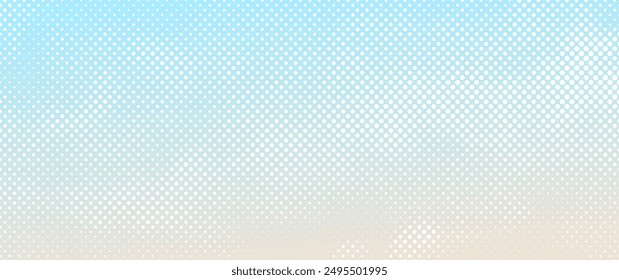 Minimalistic summer background with dotted texture, blue sky and white clouds. Retro simple dotted background for design. Light color old paper texture. Grunge vector illustration.