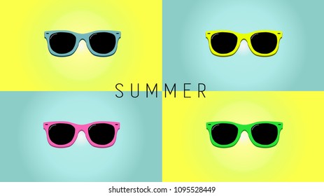 Minimalistic summer background with sunglasses. Flat design style. Sunglasses silhouette. Simple icon. Modern flat icon in stylish colors. Web site page and mobile app design element.