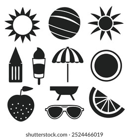 Minimalistic summer icon set in flat black style with bold silhouettes and travel symbols.