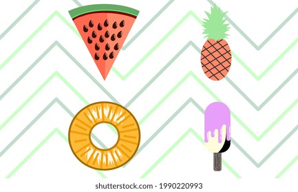 Minimalistic summer icons with watermelon, pineapple, and ice cream