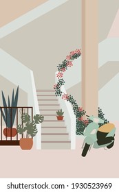Minimalistic summer illustration, porch, potted plants, scooter. Poster on the wall, greeting card.
