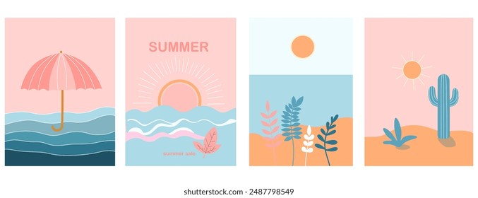 Minimalistic summer illustrations with beach scenes, sunsets, umbrellas, cacti, and tropical plants. Ideal for summer-themed designs and promotions and greeting cards, poster, flyer, background. 