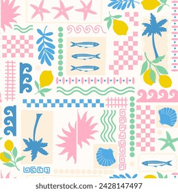 Minimalistic summer pattern in collage style. Checkered pattern, waves, Sicily. Sprat. Retro style 70s 60s.lemons