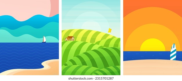 Minimalistic summer poster with natural landscape, sea with clouds and yacht, tropical design.