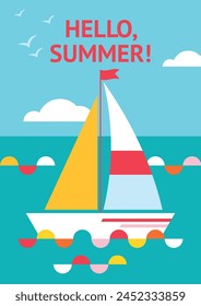 Minimalistic summer poster with white boat with coloured sails and red flag floating on the waves. Marine background with sailing yacht with multicolored sails in the open ocean. Fyer, ticket,