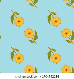 Minimalistische Sommer nahtlose Muster mit hellgelben Sonnenblumenformen. Blauer pastellfarbener Hintergrund. Grafisches Design für die Verpackung von Papier und Texturen aus Stoff. Vektorgrafik.