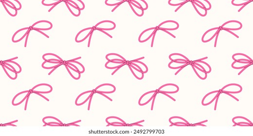 Minimalistic summer seamless pattern with decorative pink thin ribbon bows, hand drawn element on white background for banner, wallpaper, fabric. Flat Vector illustration EPS10