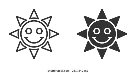 Minimalistic sun icon in both outline and solid styles, featuring a smiling face. Perfect for weather, summer, or happiness themes. Vector illustration.