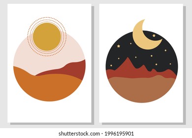 minimalistic sun and moon room décor set printable, card invitation abstract set vector, burnt orange stars night day contrast  abstract geometry flat design minimal art