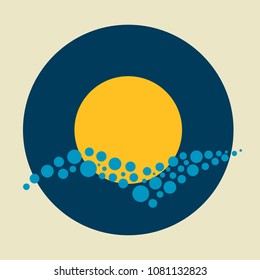 Minimalistic sun and sky round vector logo with dotted bird silhouette 