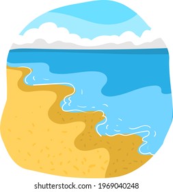 Minimalistic sunny bright beach with blue waves surging on yellow sand and clouds on the horizon. Vector illustration