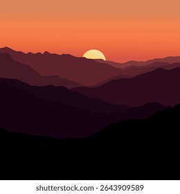Minimalistic sunset landscape with layered mountains and warm orange sky. Vector illustration in flat design.