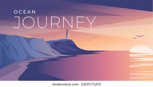 minimalistic sunset scene. Lighthouse on the rock. Ocean, seashore. Purple and pink gradient. Vector illustration