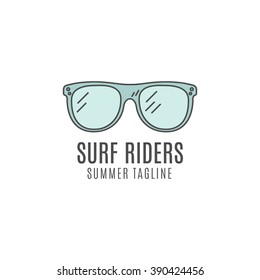 Minimalistic surfing logo concept. Summer Thin line flat tropical design. Lineart Surfer gear badge - glasses. Linear tourist vector templates, isolated. Surfboard line art equipment emblem.