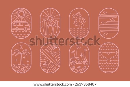 Minimalistic surfing, vacation emblem in thin line style pink badges. Cute tropical resort, surf camp, travel vibe vector illustration.