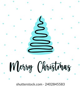 Minimalistic swirl xmas tree greeting card with Merry Christmas lettering. Zigzag wavy swirl, twirl line icon, fir tree with blue blob, spot. Hand drawn, doodle swirl linear spruce with snowfall