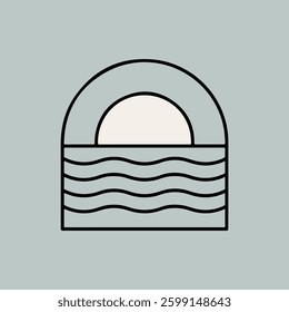 Minimalistic Symbol Depicting Sun Rising Over Wavy Ocean Against Muted Background