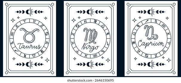 Cartões de estilo tarô minimalista mostrando signos zodiacais Taurus, Virgo e Capricórnio com elementos celestes. Conceito de astrologia, misticismo e simbolismo do horóscopo do elemento da terra
