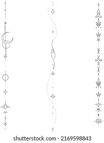 Minimalistic tattoo design. Lineart symbols: sun, moon, star, lotus, flowers, unalome and waves. Geometric outline vertical ornamental elements and signs for decoration and design. Vector