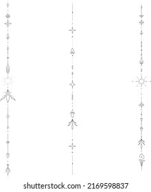 Minimalistisches Tätowierungsdesign. Zeichen, Strichzeichen: Sonne, Mond, Stern, Lotus, Blumen, Unalom und Wellen. Geometrische Umrisslinien für vertikale Zierelemente für Dekoration und Design. Linearer Kunstvektor