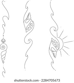 Minimalistic tattoo design. Sign, lineart symbols of waves, sun, unalome and shells. Geometric outline vertical ornamental elements for decoration and design. Linear Art Vector