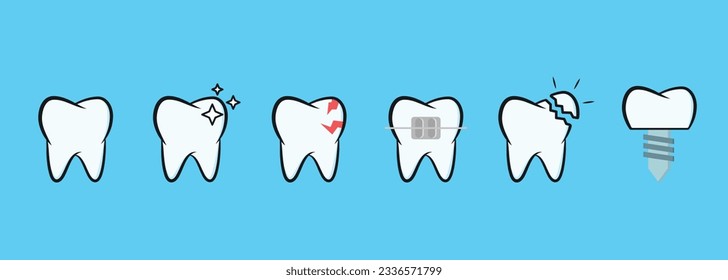 Minimalistic teeth actions icon set flat style design. Tooth, shining tooth, toothache, fallen tooth and dental implant vector icons.