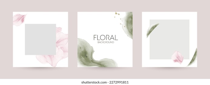 Plantillas minimalistas con formas acuarelas y diseño floral para postales, banners, publicaciones en medios sociales. Diseño para belleza, cosméticos, bodas.