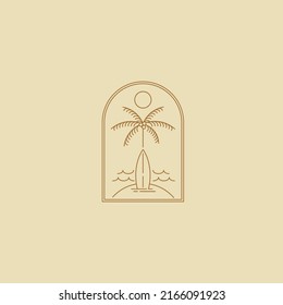 Minimalistic thin lined surfing logo design with surfboard and palm tree in arch doorway shape. Vector illustration