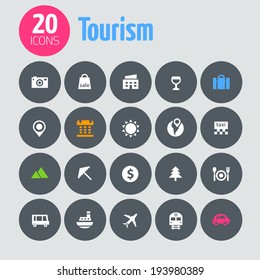 Minimalistic tourism icons, on dark gray circles