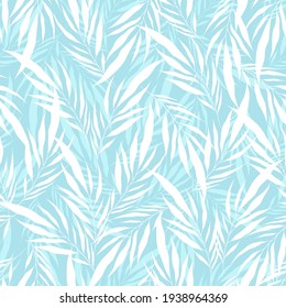 Minimalistic Transparent White Leaves Palm Tree On Light Blue Backdrop. Vintage Exotic Collage Tropical Plants Seamless Pattern. Contemporary Vector Decoration Art. Tropic Chaos Modern Illustration.