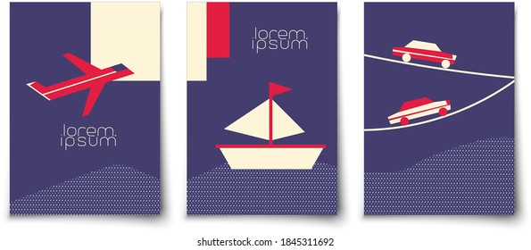 Minimalistic travel flat vector background. Travelling boat. Sailing ship. Flying airplane. Cars on road.