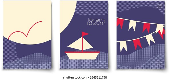 Minimalistic travel flat vector background. Travelling boat. Sailing ship. Celebration pennons. 