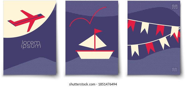 Fondo vectorial plano de viaje minimalista. Barco de viaje. Barco de vela. Avión volador. Autos en la carretera.